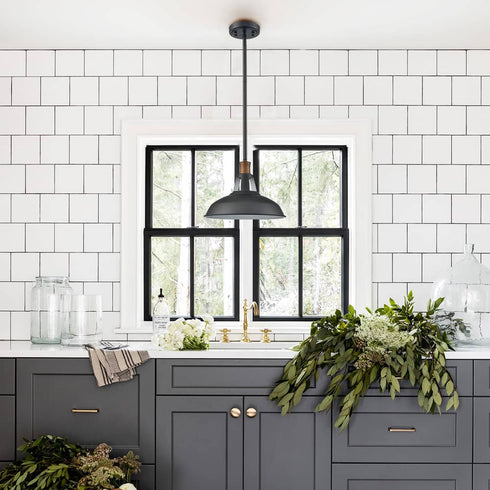 Industrial Barn Pendant Light Rod Adjustable Kitchen Lighting Black